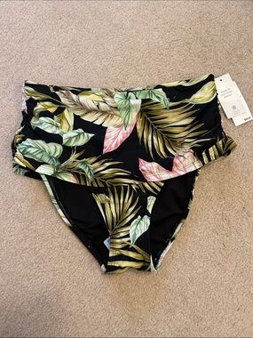 Lands' End Black Tropical Leaf High-Waist Bikini Bottoms